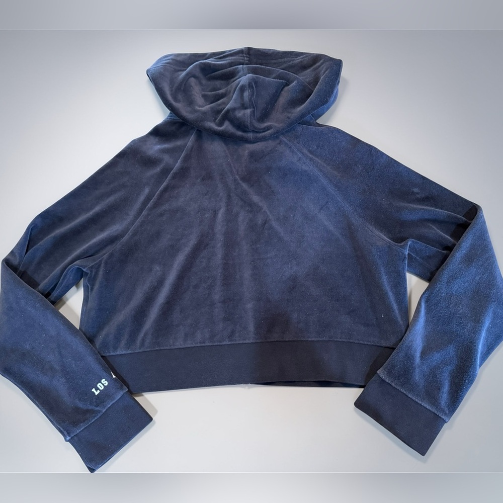 Juicy Couture x Urban Outfitters Black Velour Cropped Hoodie Gothic Print Zip Up - Picture 3 of 14
